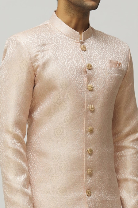 Shop Arihant Rai Sinha Pink Jacquard, Polyester, Viscose Embroidery Geometric Woven Kurta Set Online at Aza Fashions Shop_Arihant Rai Sinha_Pink Jacquard, Polyester, Viscose Embroidery Geometric Woven Kurta Set _Online_at_Aza_Fashions