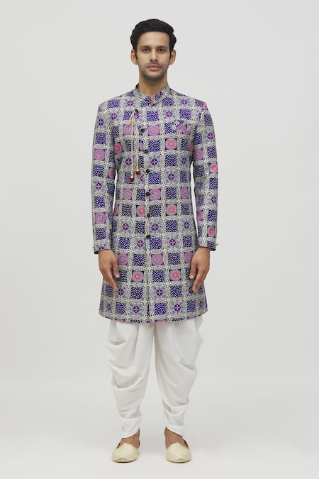 Arihant Rai Sinha_Blue Cotton, Polyester, Viscose Sequins Tile Print Kurta Set _Online_at_Aza_Fashions