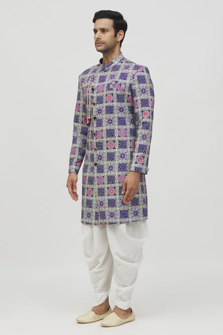 Buy_Arihant Rai Sinha_Blue Cotton, Polyester, Viscose Sequins Tile Print Kurta Set _Online_at_Aza_Fashions