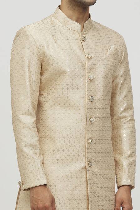 Shop Arihant Rai Sinha Gold Silk, Polyester, Viscose Sequins, Embroidery Geometric Kurta Set Online at Aza Fashions Shop_Arihant Rai Sinha_Gold Silk, Polyester, Viscose Sequins, Embroidery Geometric Kurta Set _Online_at_Aza_Fashions