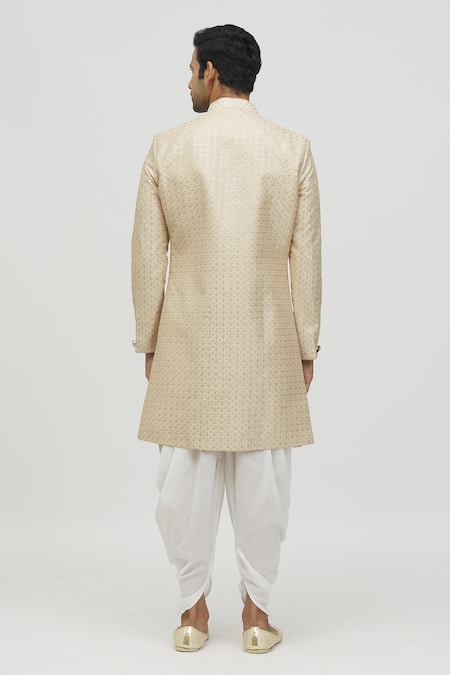 Shop Arihant Rai Sinha Gold Silk, Polyester, Viscose Sequins, Embroidery Geometric Kurta Set at Aza Fashions Shop_Arihant Rai Sinha_Gold Silk, Polyester, Viscose Sequins, Embroidery Geometric Kurta Set _at_Aza_Fashions