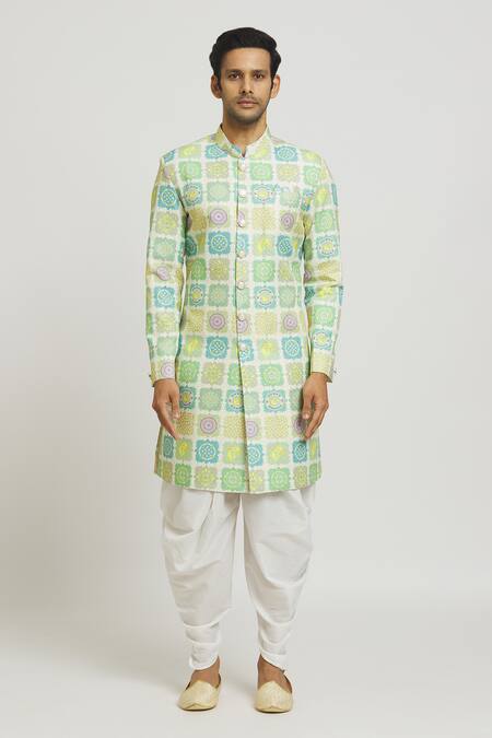 Arihant Rai Sinha Green Cotton, Polyester Sequins, Embroidery Tile Print Kurta And Pant Set Online at Aza Fashions Arihant Rai Sinha_Green Cotton, Polyester Sequins, Embroidery Tile Print Kurta And Pant Set _Online_at_Aza_Fashions