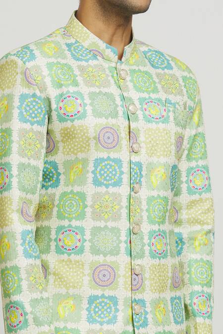 Shop Arihant Rai Sinha Green Cotton, Polyester Sequins, Embroidery Tile Print Kurta And Pant Set Online at Aza Fashions Shop_Arihant Rai Sinha_Green Cotton, Polyester Sequins, Embroidery Tile Print Kurta And Pant Set _Online_at_Aza_Fashions