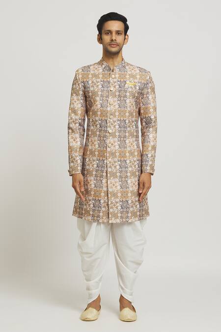 Arihant Rai Sinha Brown Cotton, Polyester Sequins Floral Stripe Print Kurta And Pant Set Online at Aza Fashions Arihant Rai Sinha_Brown Cotton, Polyester Sequins Floral Stripe Print Kurta And Pant Set _Online_at_Aza_Fashions
