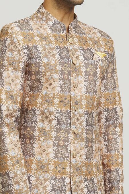 Shop Arihant Rai Sinha Brown Cotton, Polyester Sequins Floral Stripe Print Kurta And Pant Set Online at Aza Fashions Shop_Arihant Rai Sinha_Brown Cotton, Polyester Sequins Floral Stripe Print Kurta And Pant Set _Online_at_Aza_Fashions