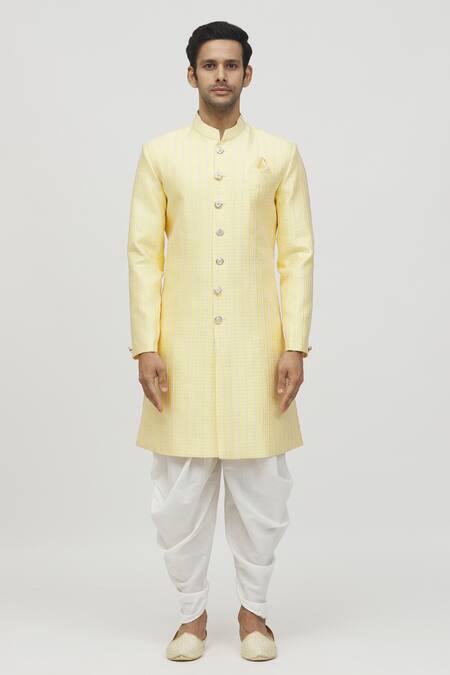Arihant Rai Sinha_Yellow Jacquard, Polyester, Viscose Stripe Woven Kurta Set _Online_at_Aza_Fashions