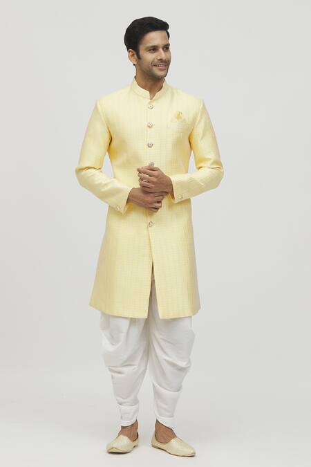 Buy_Arihant Rai Sinha_Yellow Jacquard, Polyester, Viscose Stripe Woven Kurta Set _Online_at_Aza_Fashions