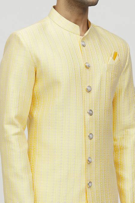 Shop_Arihant Rai Sinha_Yellow Jacquard, Polyester, Viscose Stripe Woven Kurta Set _Online_at_Aza_Fashions