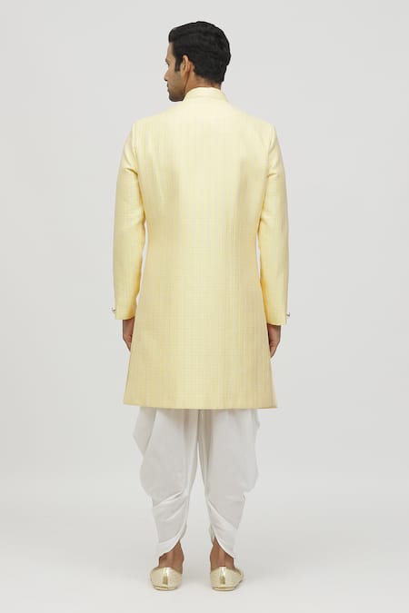 Shop_Arihant Rai Sinha_Yellow Jacquard, Polyester, Viscose Stripe Woven Kurta Set _at_Aza_Fashions