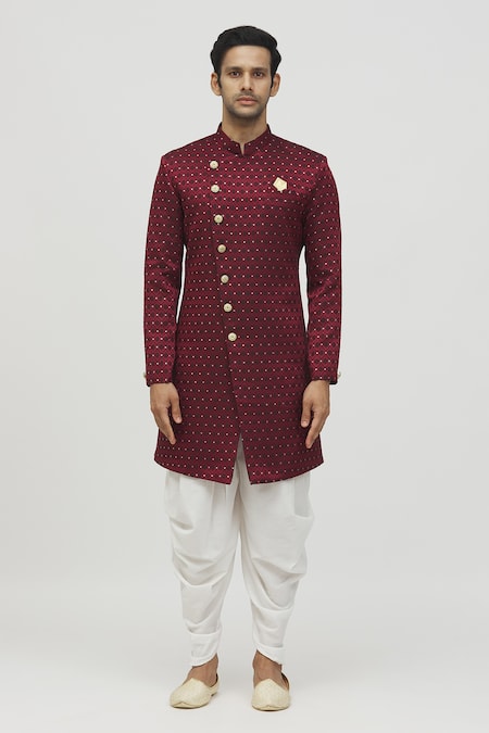 Arihant Rai Sinha Maroon Jacquard, Polyester Embroidery Mughal Woven Kurta Set Online at Aza Fashions Arihant Rai Sinha_Maroon Jacquard, Polyester Embroidery Mughal Woven Kurta Set _Online_at_Aza_Fashions