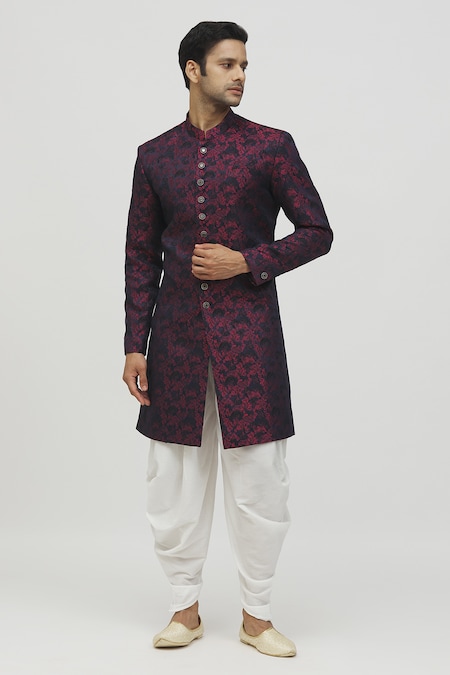 Aryavir Malhotra Maroon Kurta Jacquard Woven Blossom Set