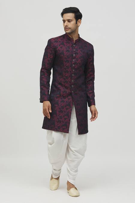 Shop_Arihant Rai Sinha_Maroon Jacquard, Polyester, Viscose Embroidery Blossom Woven Kurta Set _Online_at_Aza_Fashions