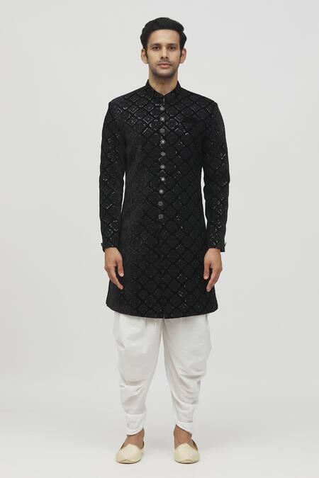 Arihant Rai Sinha_Black Velvet, Polyester, Viscose Sequins, Embroidery Floral Kurta Set_Online_at_Aza_Fashions