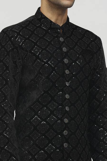 Shop_Arihant Rai Sinha_Black Velvet, Polyester, Viscose Sequins, Embroidery Floral Kurta Set_Online_at_Aza_Fashions