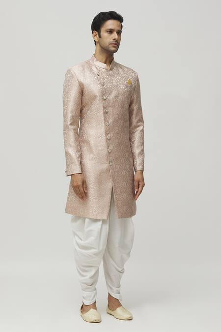 Arihant Rai Sinha_Pink Jacquard, Polyester Embroidery Full Sleeve Floral Woven Kurta Set_Online_at_Aza_Fashions