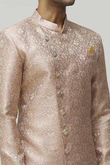 Shop_Arihant Rai Sinha_Pink Jacquard, Polyester Embroidery Full Sleeve Floral Woven Kurta Set_Online_at_Aza_Fashions