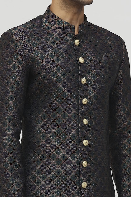 Shop Arihant Rai Sinha Green Jacquard, Polyester, Viscose Geometric Bloom Kurta With Peshawari Pant Online at Aza Fashions Shop_Arihant Rai Sinha_Green Jacquard, Polyester, Viscose Geometric Bloom Kurta With Peshawari Pant _Online_at_Aza_Fashions