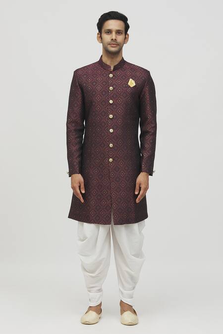 Arihant Rai Sinha Maroon Jacquard, Polyester, Viscose Geometric Flora Kurta With Peshawari Pant Online at Aza Fashions Arihant Rai Sinha_Maroon Jacquard, Polyester, Viscose Geometric Flora Kurta With Peshawari Pant _Online_at_Aza_Fashions