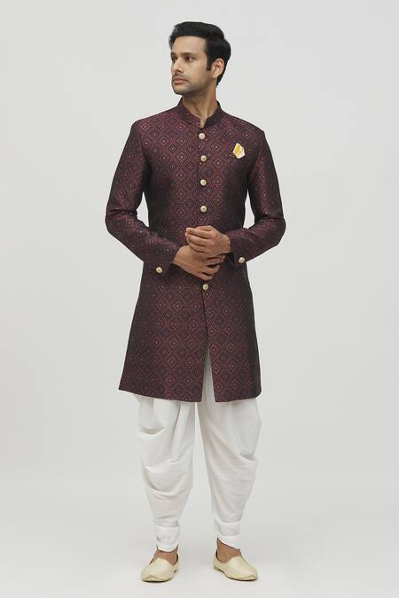 Buy Arihant Rai Sinha Maroon Jacquard, Polyester, Viscose Geometric Flora Kurta With Peshawari Pant Online at Aza Fashions Buy_Arihant Rai Sinha_Maroon Jacquard, Polyester, Viscose Geometric Flora Kurta With Peshawari Pant _Online_at_Aza_Fashions