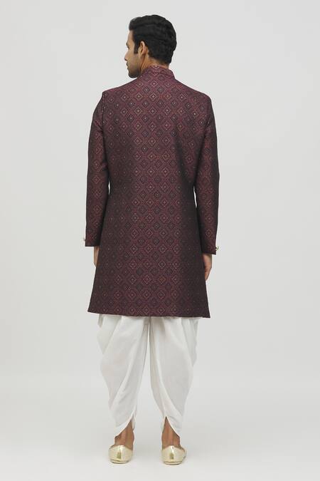 Shop Arihant Rai Sinha Maroon Jacquard, Polyester, Viscose Geometric Flora Kurta With Peshawari Pant at Aza Fashions Shop_Arihant Rai Sinha_Maroon Jacquard, Polyester, Viscose Geometric Flora Kurta With Peshawari Pant _at_Aza_Fashions