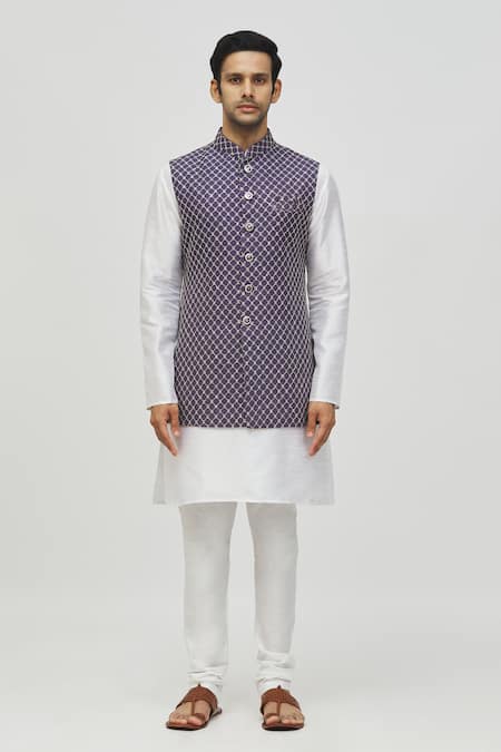 Arihant Rai Sinha Blue Rayon Embroidery Geometric Jaal Bundi Online at Aza Fashions Arihant Rai Sinha_Blue Rayon Embroidery Geometric Jaal Bundi _Online_at_Aza_Fashions