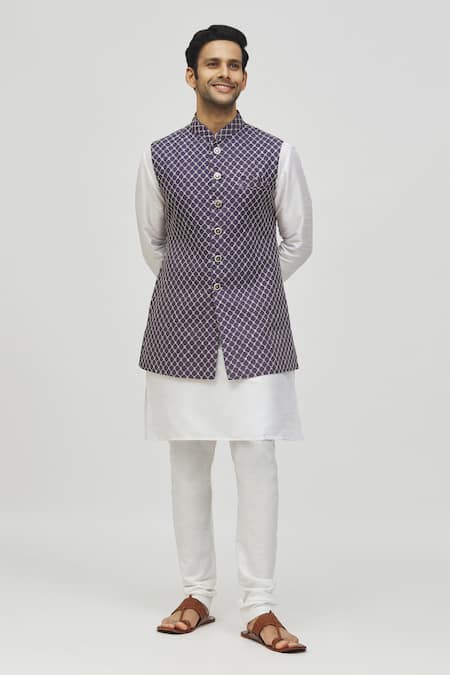 Shop Arihant Rai Sinha Blue Rayon Embroidery Geometric Jaal Bundi Online at Aza Fashions Shop_Arihant Rai Sinha_Blue Rayon Embroidery Geometric Jaal Bundi _Online_at_Aza_Fashions