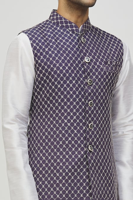 Arihant Rai Sinha Blue Rayon Embroidery Geometric Jaal Bundi at Aza Fashions Arihant Rai Sinha_Blue Rayon Embroidery Geometric Jaal Bundi _at_Aza_Fashions