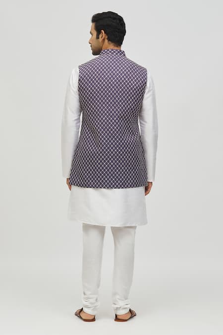 Shop Arihant Rai Sinha Blue Rayon Embroidery Geometric Jaal Bundi at Aza Fashions Shop_Arihant Rai Sinha_Blue Rayon Embroidery Geometric Jaal Bundi _at_Aza_Fashions