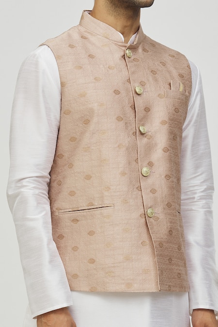 Arihant Rai Sinha Brown Jacquard Embroidery Geometric Woven Bundi at Aza Fashions Arihant Rai Sinha_Brown Jacquard Embroidery Geometric Woven Bundi_at_Aza_Fashions