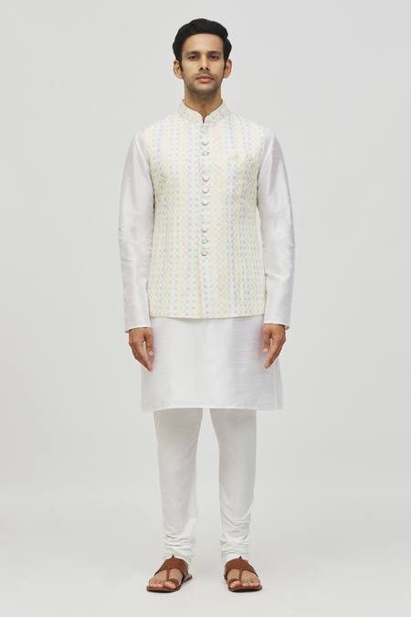Arihant Rai Sinha_Cream Rayon Sequins, Embroidery Geometric Pattern Bundi _Online_at_Aza_Fashions