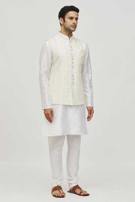 Buy_Arihant Rai Sinha_Cream Rayon Sequins, Embroidery Geometric Pattern Bundi _Online_at_Aza_Fashions