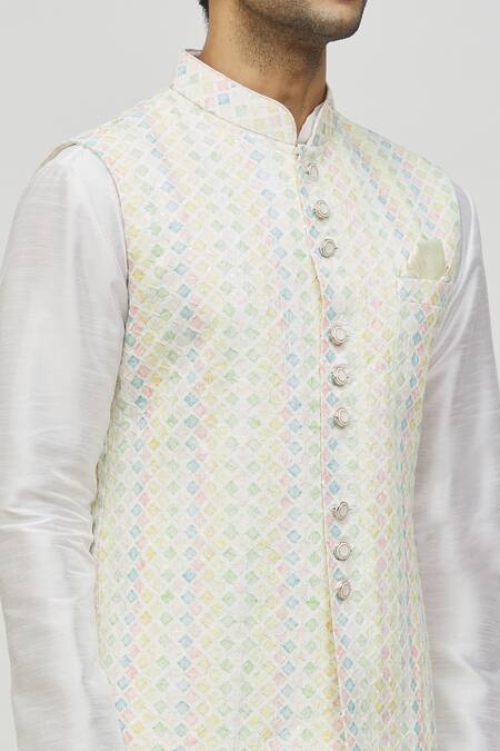 Shop_Arihant Rai Sinha_Cream Rayon Sequins, Embroidery Geometric Pattern Bundi _Online_at_Aza_Fashions