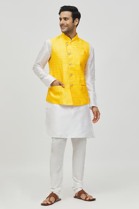Arihant Rai Sinha Yellow Jacquard Embroidered Thread Overlapping Panel Bundi