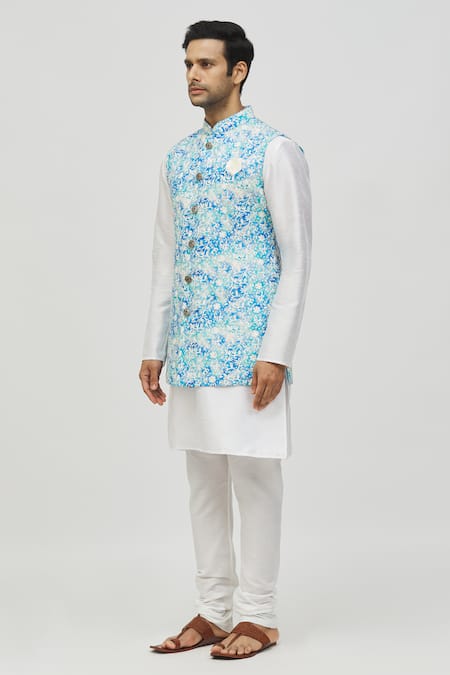 Buy_Arihant Rai Sinha_Blue Rayon Sequins, Embroidery Floral Vine Pattern Bundi _Online_at_Aza_Fashions