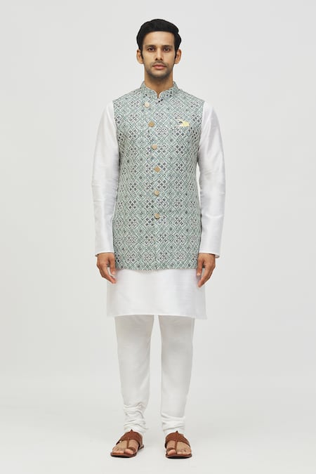 Arihant Rai Sinha_Green Cotton, Silk Sequins, Embroidery Geometric Pattern Bundi And Kurta Set _at_Aza_Fashions