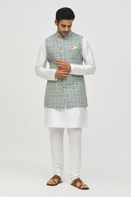 Buy_Arihant Rai Sinha_Green Cotton, Silk Sequins, Embroidery Geometric Pattern Bundi And Kurta Set 