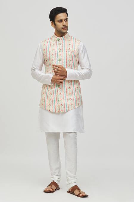 Shop Arihant Rai Sinha Cream Rayon, Silk Embroidery, Sequins Floral Bundi And Kurta Set Online at Aza Fashions Shop_Arihant Rai Sinha_Cream Rayon, Silk Embroidery, Sequins Floral Bundi And Kurta Set _Online_at_Aza_Fashions