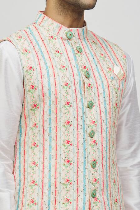 Arihant Rai Sinha Cream Rayon, Silk Embroidery, Sequins Floral Bundi And Kurta Set at Aza Fashions Arihant Rai Sinha_Cream Rayon, Silk Embroidery, Sequins Floral Bundi And Kurta Set _at_Aza_Fashions