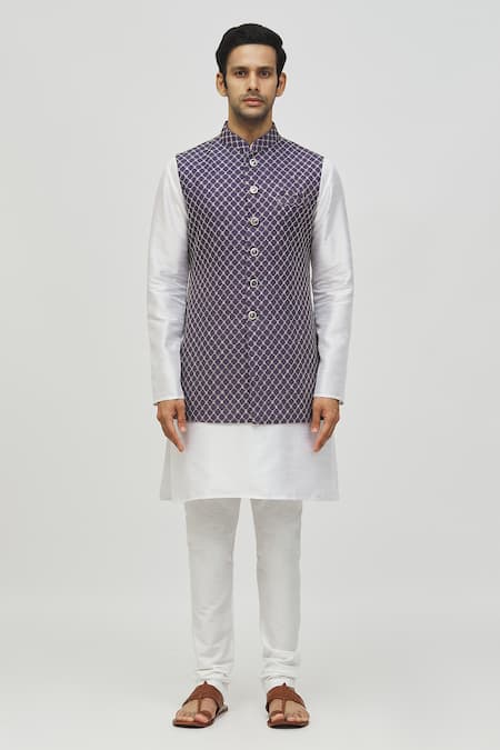 Buy_Arihant Rai Sinha_Blue Rayon, Silk Sequins, Embroidery Jaal Bundi And Kurta Set _Online_at_Aza_Fashions