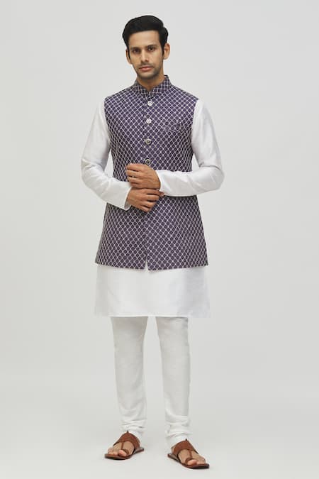 Shop_Arihant Rai Sinha_Blue Rayon, Silk Sequins, Embroidery Jaal Bundi And Kurta Set _Online_at_Aza_Fashions