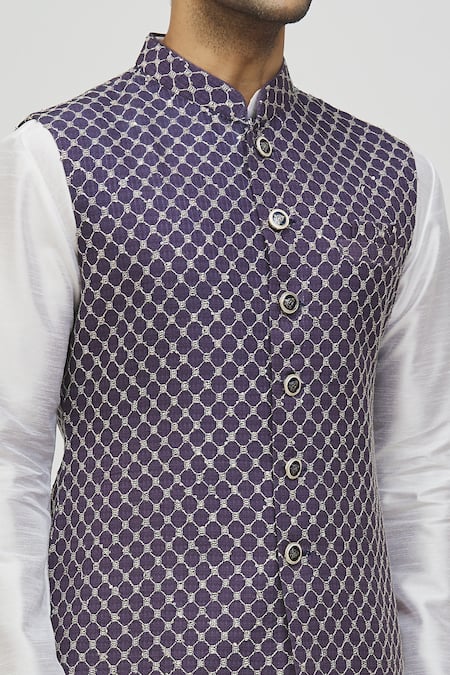 Arihant Rai Sinha_Blue Rayon, Silk Sequins, Embroidery Jaal Bundi And Kurta Set _at_Aza_Fashions