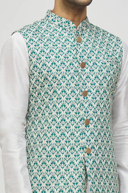 Buy_Arihant Rai Sinha_Green Rayon, Silk Embroidery, Sequins Floral Bundi And Kurta Set _Online_at_Aza_Fashions