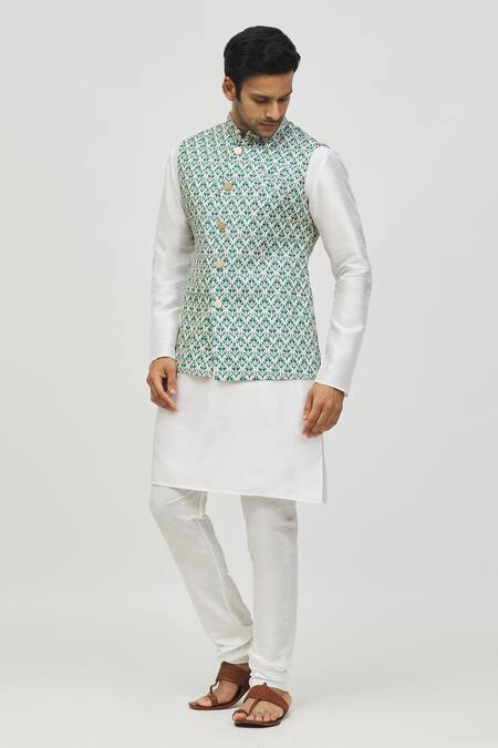 Shop_Arihant Rai Sinha_Green Rayon, Silk Embroidery, Sequins Floral Bundi And Kurta Set _Online_at_Aza_Fashions