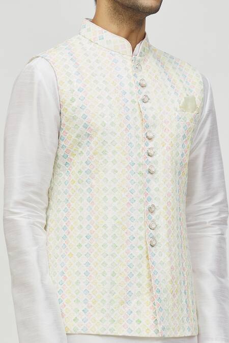 Shop_Arihant Rai Sinha_Cream Rayon, Silk Sequins, Embroidery Floral Bundi Set _Online_at_Aza_Fashions