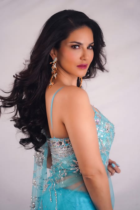 Dilnaz_Blue Embroidered Diamante Saree _at_Aza_Fashions