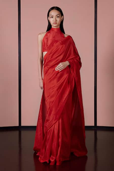 Shop Ekaya Banaras Red Silk Handwoven Saree With Unstitched Blouse Fabric Online at Aza Fashions Shop_Ekaya Banaras_Red Silk Handwoven Saree With Unstitched Blouse Fabric _Online_at_Aza_Fashions