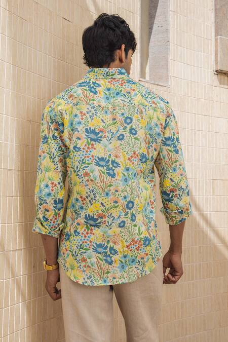 Shop Baise Gaba Yellow Cotton Lirio Floral Print Shirt at Aza Fashions Shop_Baise Gaba_Yellow Cotton Lirio Floral Print Shirt_at_Aza_Fashions