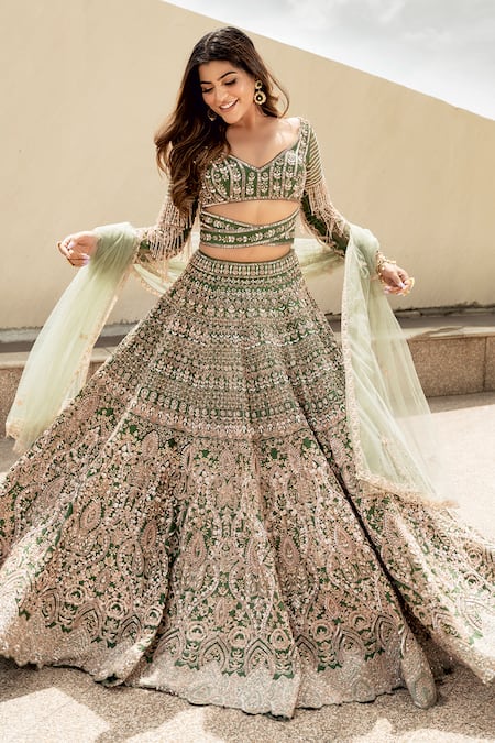Green Sequins Embroidered Lehenga Choli In Georgette Latest 2574LG03