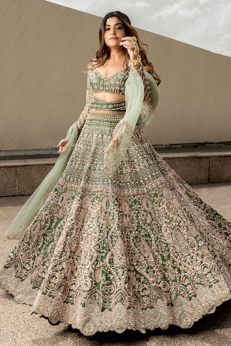 Jigar & Nikita_Emerald Green Dupatta Net, Lehenga And Blouse Pure Raw Embroidered Bridal Set_Online_at_Aza_Fashions