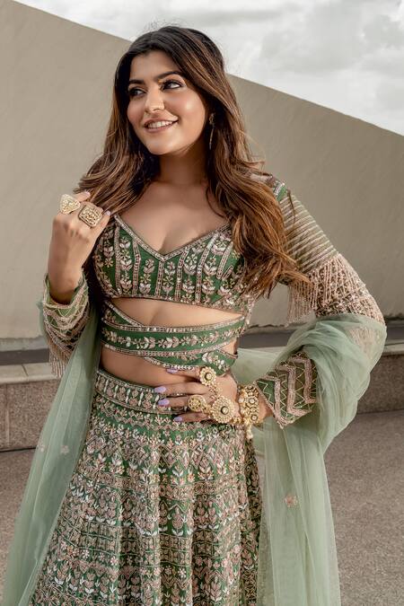 Buy_Jigar & Nikita_Emerald Green Dupatta Net, Lehenga And Blouse Pure Raw Embroidered Bridal Set_Online_at_Aza_Fashions
